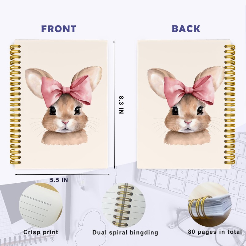 THDSE Coquette Pink Bows Bunny Notebook, Easter Rabbit Animal Spiral