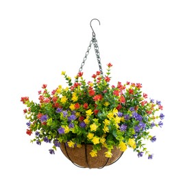 BCBLF Artificial Hanging Plants Flowers with Basket for Spring Summer Outdoor Decoration, Yellow Purple Pink Red