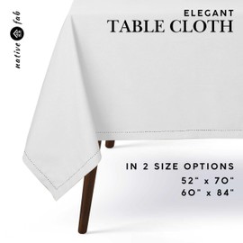 Native Fab Tablecloth 52x70 Inches - 100% Cotton, Durable, Wrinkle-Free, Machine Washable Table Cover for Dining Room, Banquets, Parties, Holiday, Events - Elegant, Easy Care, Home Décor - White