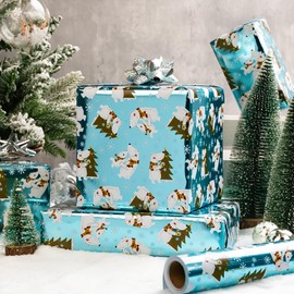 MAYPLUSS Christmas Polar Bear Wrapping Paper - 17 Inch X 33 Feet - Blue Cute Winter Forest Arctic Animal Holiday Gift Wrap Metallic Foil Paper for Kid Birthday Baby Shower Hanukkah Festive Decoration