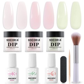 SOCORIA Dip Powder Nail Kit, Translucent Jelly Green Nude Gentle Pink Colors Dipping Powder Liquid Set All Seasons with Base Top Coat and Activator for Nail Art Manicure Salon DIY 9 Pcs