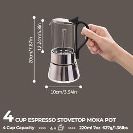 Mogrecha Clear Glass Moka Pot 4 Cup 220ml Stainless Steel Coffee Maker Uncoated Stovetop Espresso Coffeemaker Italian Classic Style Brewing Greca Cafe Mocha Machine for Cafeteras Camping Travel Home