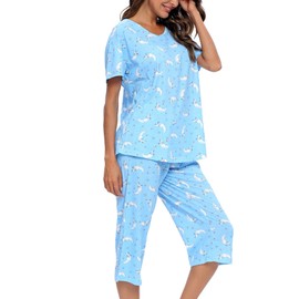 ENJOYNIGHT Women's Cotton Pajamas Set Short Sleeve Top with Capri Pants Sleepwear Set (Large, Moon)
