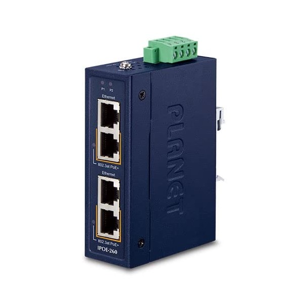 IPOE-260-12V Industrial 2-Port 10/100/1000T 802.3at PoE+ Injector Hub w/ 12V