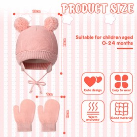 Neer 2 Piece Newborn Baby Winter Beanie Hat Mittens Set Toddler Autumn Warm Knitted Hat Gloves Set, pink