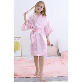 SEALINF Girls Silky Robe Kids Solid Color Kimono Sleeping Gown Bathrobe for Spa Birthday Parties Wedding Getting Ready (Pink, Tag 4)