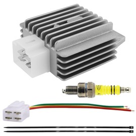 PRO BAT 12V 4 Pin Full Wave Voltage Regulator Rectifier With Motorcycle A7TC Spark Plug 4 Wires Cable Connector for GY6 Engine 50cc 125cc 150cc Chinese Moped Scooter ATV, Silver