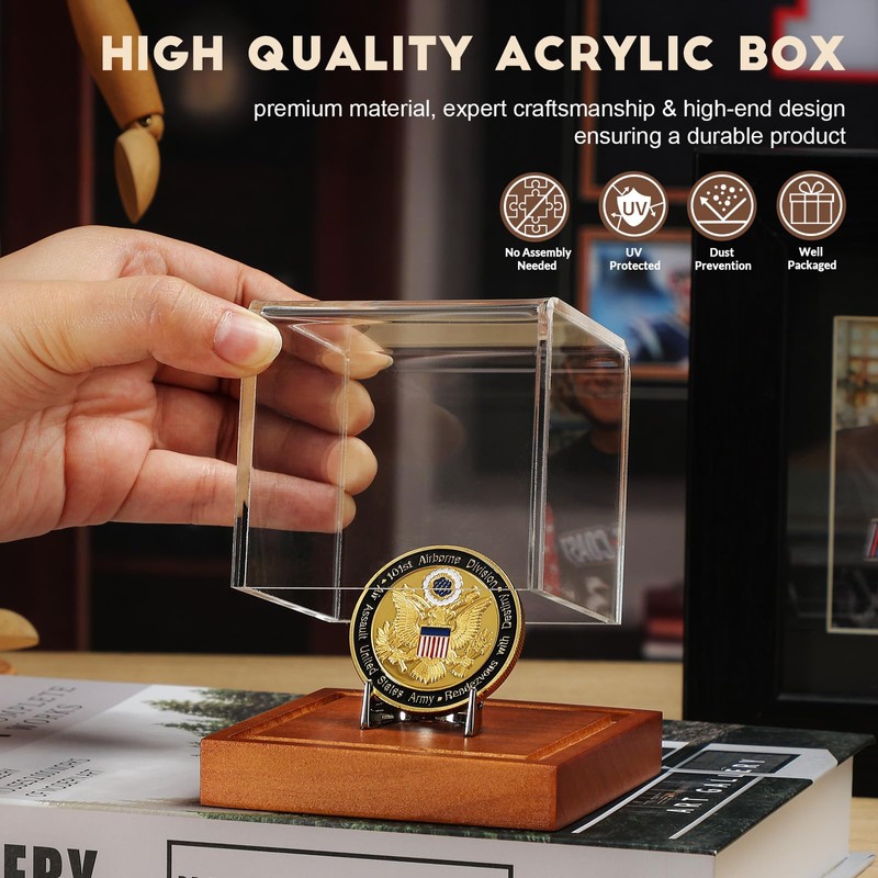 JupDec Coin Display Case, Clear Acrylic Showcase with Wood Base