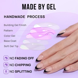 Stick On Nails French Tip - BTArtbox Short False Nails with Glue, 32 Pcs Almond Soft Gel Press on Nails, Reusable Semi Transparent Fake Nails for Women in 16 Sizes, Black French