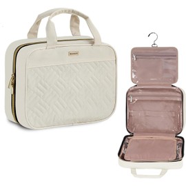 BAFAMYE 5.8L Travel Toiletry Bag for women - 2.1 GAL Water-resistant Makeup Cosmetic Bag Organizer With Hanging Hook for Travel Accessories Shampoo Full-size Container, Beige