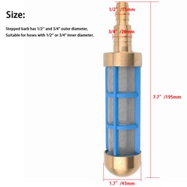 Garden Water Hose Inlet Filter Brass, 3/4", 1/2" Barbs, Water Pump Hose Filter for Pressure Washer Inlet, Suction Hose Screen, Washing Machine Strainer for Water Tank Connection to Suction Hose