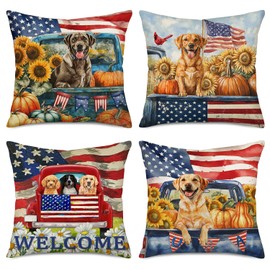 ShareJ Set of 4 July 4th Independence Day Throw Pillow Covers Vintage American Flag Stars and Stripes Patriotic Pillow Covers Red Truck USA Proud Square Pillow Cases 18X18 Inch (USA Flag)