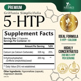 5HTP 200mg Capsules - 5 HTP Supplement Plus Calcium for Brain Health & Sleep Support, Extra Strength Griffonia Simplicifolia 5-HTP Formula, 5 Hydroxytryptophan, Gluten Free & Non-GMO - 120 Capsules