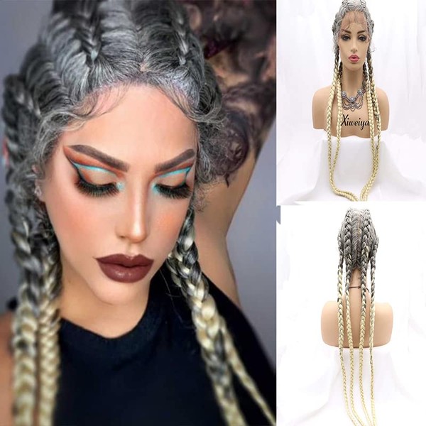 Xiweiya Extra Long 100% Hand Ash Blonde to Blonde 4 Braids Lace Front Wig with Baby Hair 360 Swiss Lace Front Cherry Red Double Dutch Braided Wig