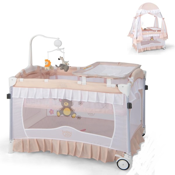 BABY JOY 4 in 1 Pack and Play with Canopy, Portable Baby Playard with Bassinet, Side Zipper Entrance Design, Wheels & Brake, Foldable Baby Girl Pink Bassinet from Newborn to Toddler