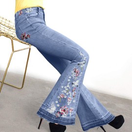 CHARTOU Womens Chic Floral Embroidered High-Rise Bell Bottom Flare Jeans Broad Feet Long Denim Pants (Blue, X-Small)