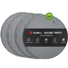 Walfos Silicone Trivet Mats - 4 Heat Resistant Pot Holders, Multipurpose Non-Slip Hot Pads for Kitchen Potholders, Hot Dishers, Jar Opener, Spoon Holder, Food Grade Silicone & BPA Free (Round)