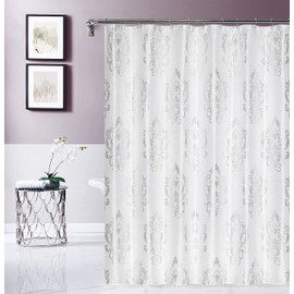 Satin Embroidered Textured Shower Curtain - Damask Design in White 70" x 72" - Water Resistant Polyester Blend, Washable Shower Curtain - Perfect Cloth Shower Curtain for Stylish Bathrooms