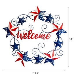 Metal Wall Hanging Wreath with Stars and Stripes, 4th of July Outdoor Rustic Americana Front Door Wreath 4th of July Outdoor Hanging Ornament Wall Decor Patriotic Welcome Sign,