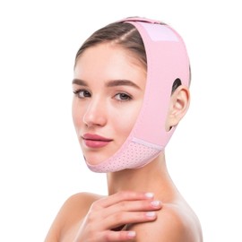 V Line Lifting Mask, Reusable Double Chin Reducer for Women & Men, V-Shaped Jawline Shaper, Face Slimming & Jawline Sculpting, Double Chin Strap for Sleeping, Comfortable & Adjustable Design (Pink)