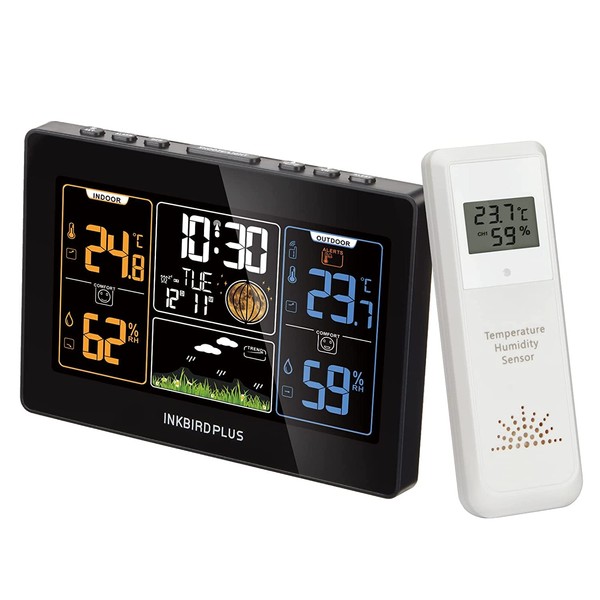 INKBIRDPLUS Home Weather Station for Indoor Outdoor Use, Wireless Weather Forecast Station with RCC Radio Clock, Alarm & Snooze Function, Large Color LCD, Adjustable Backlight, Up to 3 Outdoor Sensors