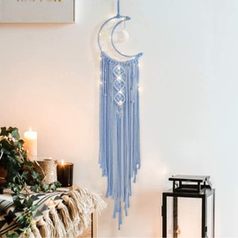 Macrame Moon Dream Catcher for Girl, Blue Boho Crescent Dreamcatcher for Bedroom Adult, Handmade Nursery Room Wall Hanging with Star Pendant for Teen Boy, Bohemian Home Decoration Idea