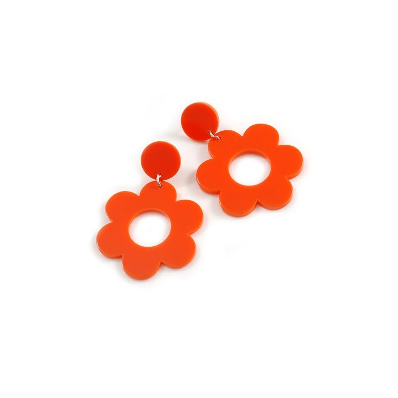 Orange Plastic Open Cut Flower Drop Earrings - 55mm Long