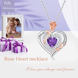 LAVUMO Women's Necklace 925 Silver Double Heart Rose Flower Chain Women's Birthstone Necklaces Mother's Day Birthday Valentine's Day Christmas Jewellery Gifts for Women Mum Girlfriend, Sterling Silver