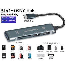 Winusers USB C to SD/TF Card Reader/Writer/OTG Adapter,USB 3.0 HUB, Micro SD Memory Card Reader,Type C to SD Card Reader,Compatible with MacBook Camera Android Windows Vista and Other Type C Device