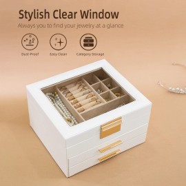 GOXIFACHOY 3-Layer Jewelry Box for Women, Jewelry Organizer with Glass Lid and Drawers