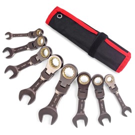 wanlvkang Stubby Wrenches Set, Flex Head Ratcheting Wrench Set Open End Ratchet Wrench Metric 8 Pieces(Metric)
