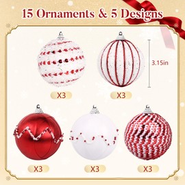 TranquilBliss 15 PCS Christmas Ornaments, 3.14’’ Christmas Ball Ornaments Set, Hanging Balls Decorations for Xmas Tree, Wreath, Garland, Home Decor (Red and White)