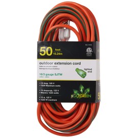 Go Green Power Inc. GG13750 GoGreen Power GG-13750-16/3 50' SJTW Outdoor Extension Cord-Lighted End, 50ft