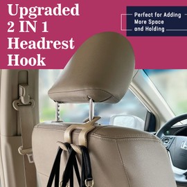 TISOHUGO Upgraded Headrest Hooks for Car, 2 in 1 Back Seat Purse Holder Hook Genuine Leather Head Rest Hangers Vehicle Organizer Accessories for Hanging Grocery Bags, 1 Pack, Beige