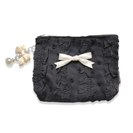 1 x Mini Purse Bag, Bag with Lace Bow, Small Mini Canvas Purse with Zip, Cute Canvas Wallet, Makeup Bag, Coin Bags (Black)