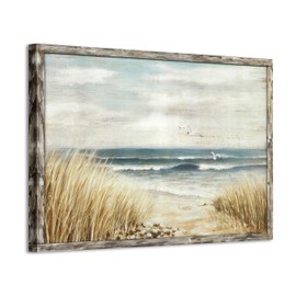 Abstract Beach Wooden Wall Art: Seashore Artwork with Gold Foil Coastal Painting Framed for Bathroom (16''W x 11''H, Multi-Sized/Material)