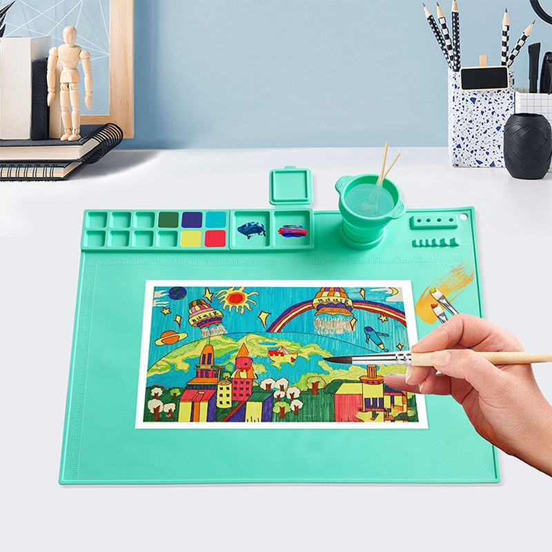 Silicone Painting Mat Washable Art Mat with Foldable Water Cup