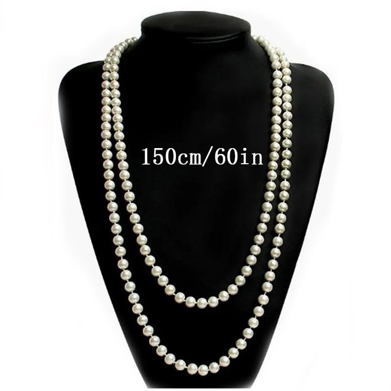 ALRNBY 2Pcs Long Pearl Necklace for Women 60''/150cm Faux Pearl