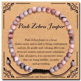 BONNY BOXX Braided Genuine 4mm Pink Zebra Jasper - Calming Stone - Bracelet, Elegant Handcrafted Natural Gemstone Crystal Bracelet Healing Power Energy Inspirational Gifts with Card for Unisex