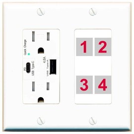 RiteAV Custom 4 Port Custom Wall Plate, USB A+C Charger, White/White, Choose HDMI Coax 3.5mm Banana Cat5/6 Phone RCA Speaker Toslink USB