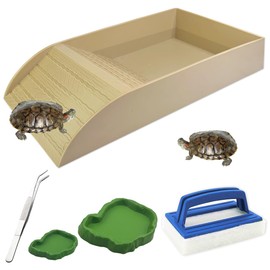 Jamceoceo 5 PCS Turtle Water Bowl Turtle Food Bowl with Ramp and Perching Platform Turtle Habitat Set Amphibian and Reptile Habitat Accessories for Turtles Lizards Frogs (Brown)