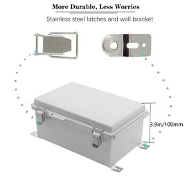 Zulkit Junction Box,IP67 Waterproof Electrical Box Hinged Cover Stainless Steel Buckle Plastic Enclosure for Project w Mounting Plate Wall Bracket and 2 Cable Gland Grey 10.2 x 6.3 x 3.9 Inch