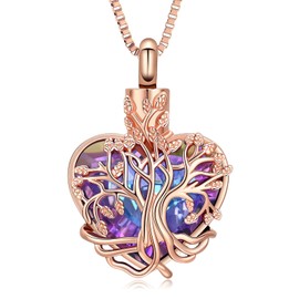 XSMZB Tree of Life Urn Necklace for Women Crystal Heart Cremation Jewelry for Ashes Keepsake Ashes Pendant for Human Pet(Rose Gold Purple)