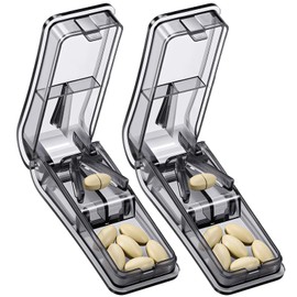 2-Pack Pill Cutter for Small or Large Pills – Professional Pill Splitter with Sharp Stainless Steel Blade, V-Shape Holder & Doubles as a Pill Organizer – Not Suitable for Tiny Pills