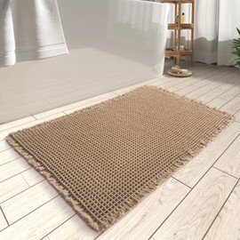 AMOAMI Upgraded Waffle Bath Mat, Super Absorbent Non Slip Bath Mats for Bathroom Floor, Machine Washable Bathroom Rugs with Tassels, Rubber Backed Bathroom Mats, Ultra Soft, 18" x 30", Brown