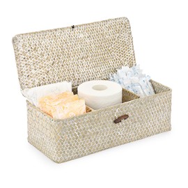 Sumnacon Small Woven Basket for Shelf Wicker Shelf Storage Basket with Sections Seagrass Storage Basket with Lid for Tampon Toiletry Rectangular Storage Basket for Shelf Bathroom Table Desk Whitewash
