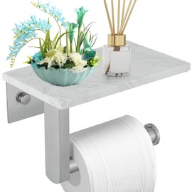BATHLAVISH Toilet Paper Holder with Marble Shelf, 304 Stainless Steel Tissue Hand Holder Wall Mounted Toilet Paper Roll Hold with Phone Shelf for Bathroom Kitchen Washroom Bedroom, Brushed Nickel