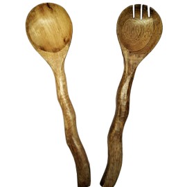 Purpledip Wooden Serving Spoon & Fork Set 'Windy Wood': Handmade Vintage Tableware or Kitchen Decorative Accent (11630)
