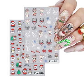 Cute Deer Christmas Nail Art Stickers Christmas Elk Nail Decals Snowflake Santa Claus Nail Design Nail Sticker 3D Self-Adhesive DIY Winter Nails Art Decoration 2 Sheets