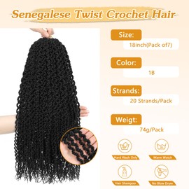 18Inch Curly Senegalese Twist Crochet Hair For Black Women - 7 Packs, 20 Strands/Pack Small Twist Crochet Braids Hair with straight Ends, Synthetic Crochet Braids(1B,18 Inch (Pack of 7))